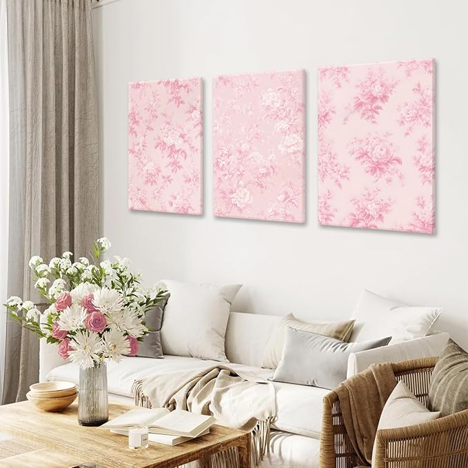 LYPHNX Framed Pink Chinoiserie Flower Canvas Wall Art light Pink Love Shack Fancy Decor Paintings Posters Set of 3 Blush Pink Painting Pictures Home Decor for bedroom Living room Bathroom 16"x24"