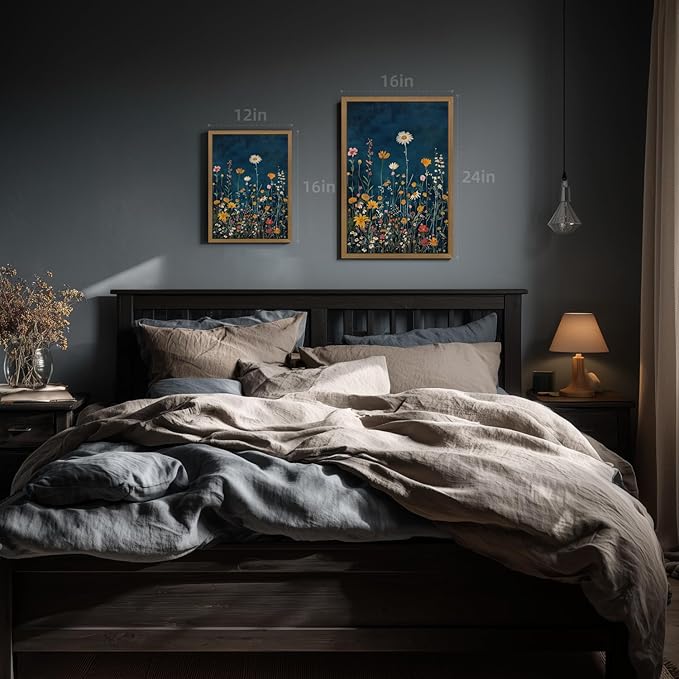 Clicyre Wildflower Wall Art, Vintage Botanical Floral Canvas Print, Deep Green Meadow Flower Artwork, Dark Moody Rustic Farmhouse Wall Decor for Living Room Bedroom Hallway Wood Framed 16x24 Inch