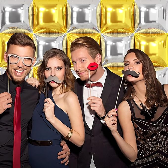 NISOCY 25PCS Metallic Silver Gold Square Foil Balloons Wall Backdrop Double Sided Chrome Gold Silver Balloons Arch Kit for Christmas New Year Anniversary Birthday Engagement Bridal Party Decorations