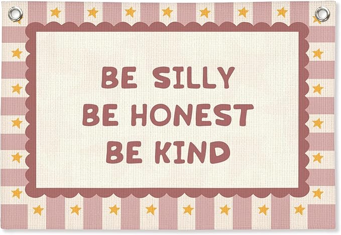 Pink Girls Room Decor, Girl Nursery Decor Boho Retro Classroom Wall Hanging Canvas Banner, Be Silly Honest Kind Classroom Wall Art Decor for Kids Nursery Toddler Room Bedroom Playroom, 30x20