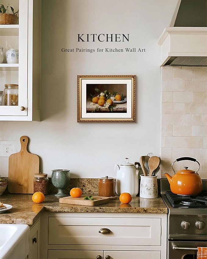 VIYYIEA Gold Framed Vintage Still Life Orange Fruit Canvas Wall Art, Elegant Rustic Kitchen Decor | Zero-Glare No Glass Design, Lightweight, Textured Feel, Easy Hanging | 13x16 Inch