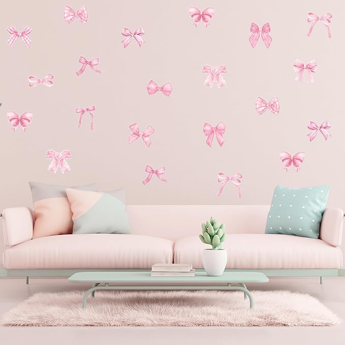 A1diee Bowtie Decal Pink Bow Wall Stickers - 60Pcs Watercolor Coquette Aesthetic Wall Stickers Light Pink Bow Knot Wall Art Decor Vinyl Peel and Stick Room Decor for Kindergarten Nursery Bedroom