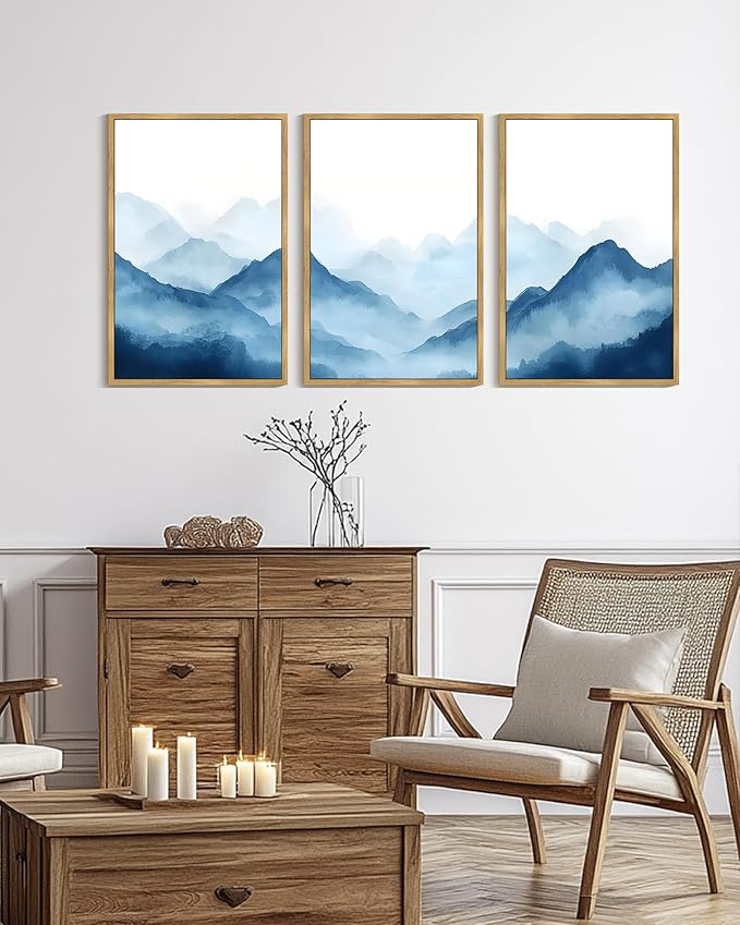 Drsoum Blue Fog Mountains Landscape Wall Art Framed Vintage Nature Misty Nordic Prints Ink Wash Watercolor Boho Farmhouse Rustic Artwork Hallway Bedroom Ready to Hang 24x36in Natural Framed
