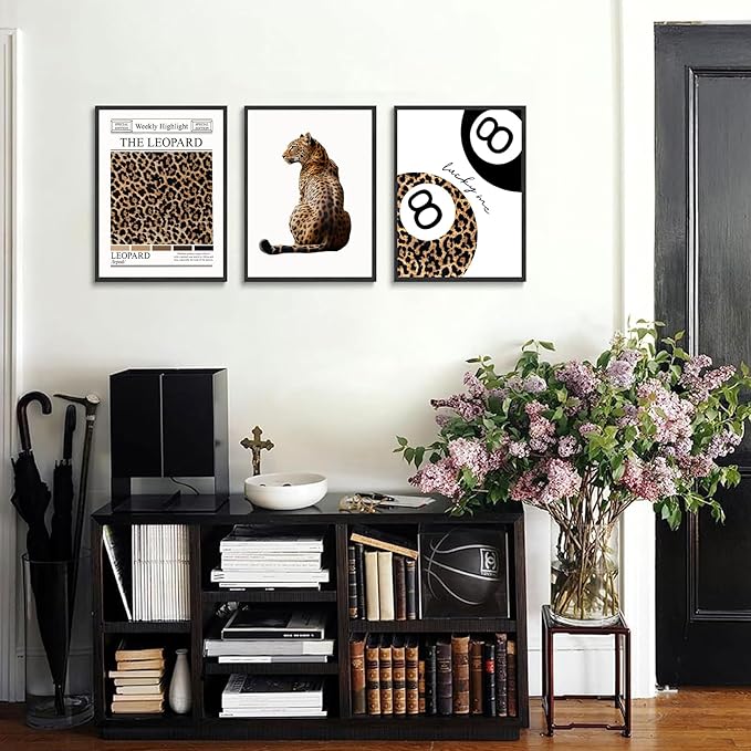 Trendy Leopard Wall Art Set of 3 Funky Lucky 8 Ball Posters Prints Preppy Room Aesthetic Cheetah Wall Decor Pictures for Girls Bedroom Apartment Dorm Unframed 16x24in