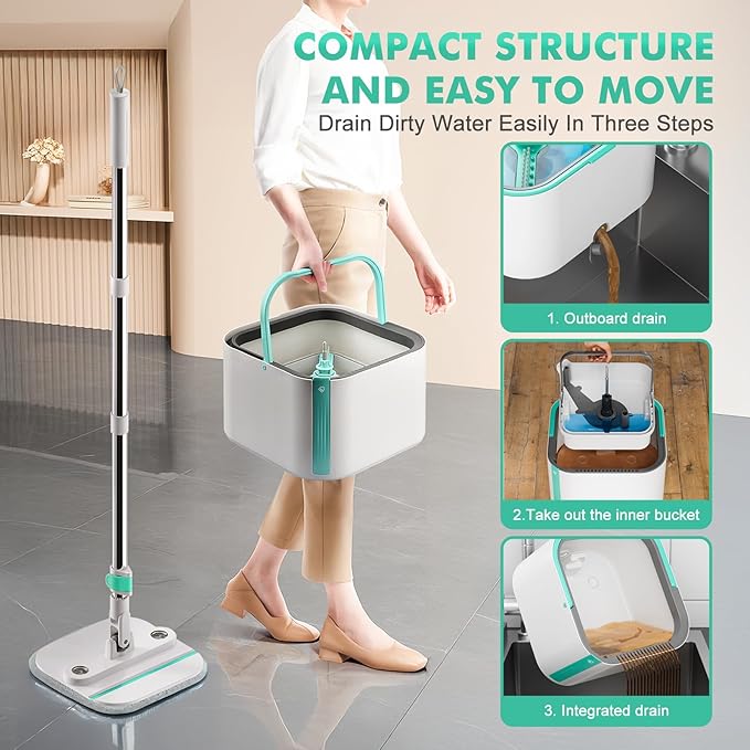 Upgraded Spin Mop and Bucket System Set, Self Separate Clean and Dirty Water, Foldable Square Standing Mop Head with Microfiber Mop Pads, Detachable Bucket (White+Blue, Mop Set with 6PC Pads)