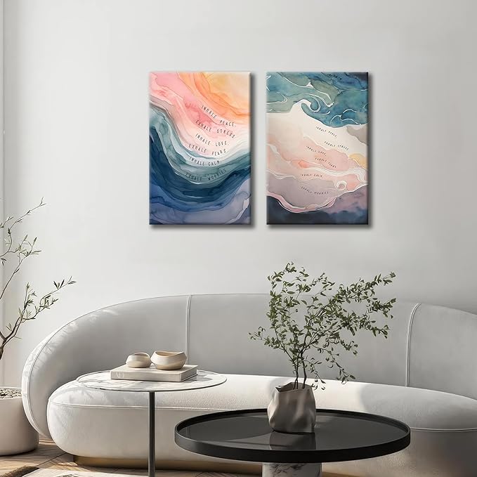 2Pcs framed Mental Health Poster Inhale Exhale Meditation Vintage Abstract Watercolor Canvas Prints Wall Art for Therapy Office Calming Corner Wall Decor 16x24 in