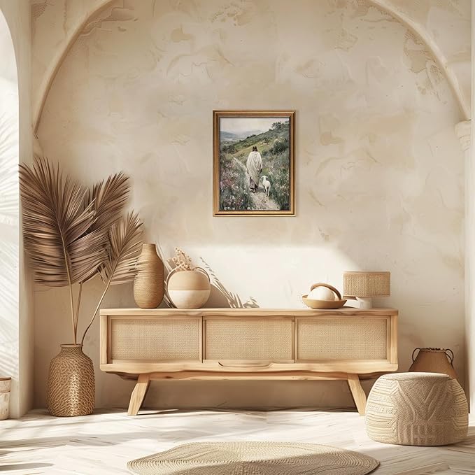 Aroutde Jesus Canvas Wall Art for Prayer Room Christian Wall Decor Vintage Gold Framed Jesus Leaves the 99 Sheep Prints Modern Religious Art Print for Living Room Bedroom Decoration (16L''x12W'')