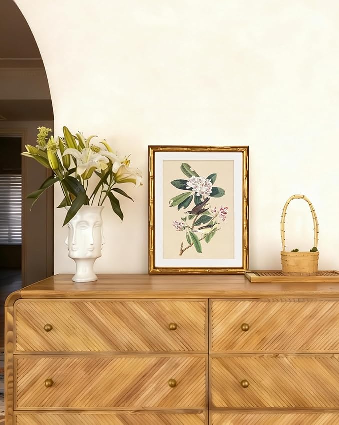 InSimSea Gold Bamboo Framed Canvas Wall Art, 11x14inch, Vintage Bird Floral Botanical Paintings, Antique Picture Frame with Mat, Victorian Home Wall Decor for Living Room Bedroom