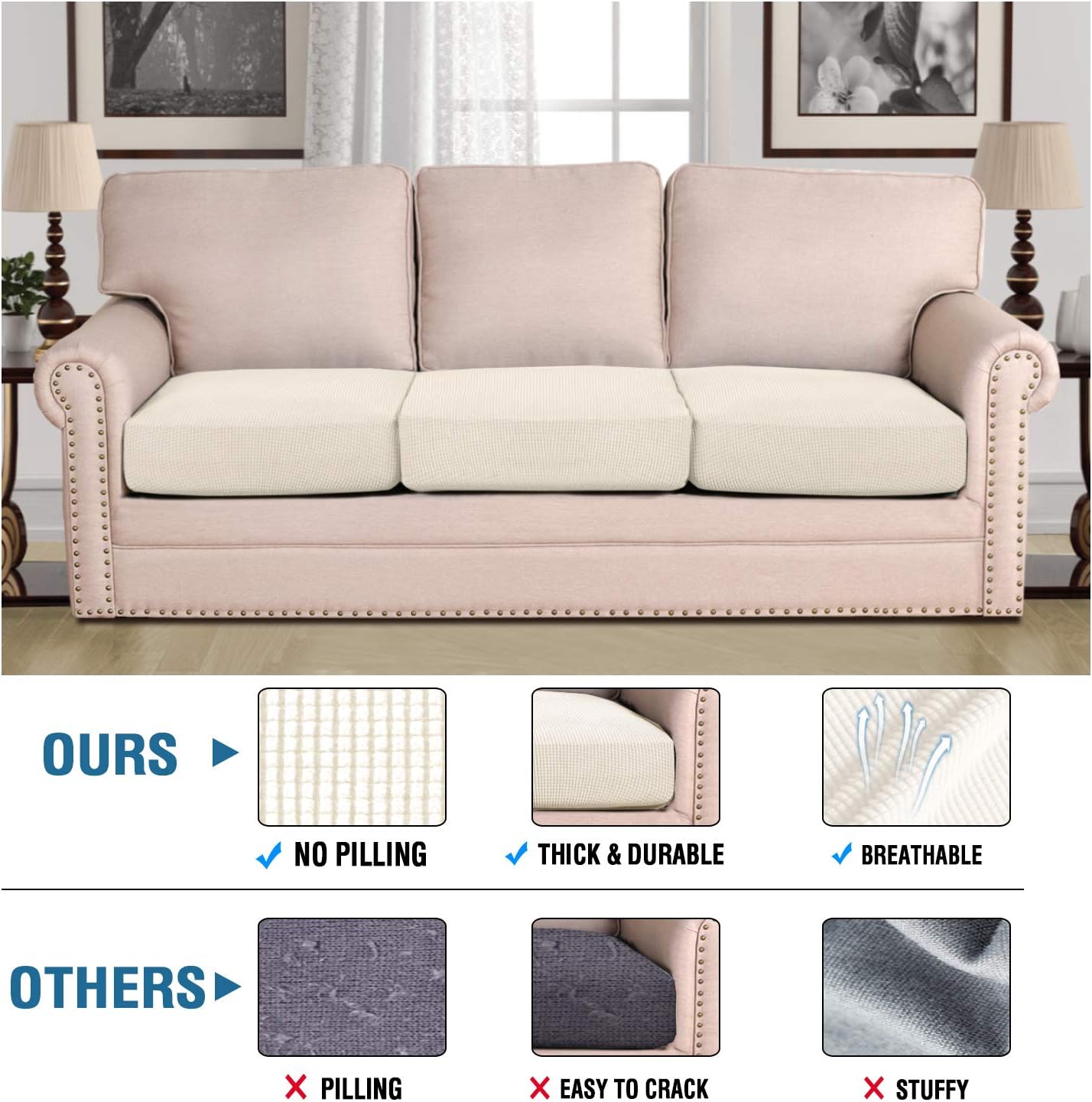 H.VERSAILTEX Super Stretch Individual Seat Cushion Cover Sofa Covers Couch Cushion Covers Slipcover Sets Thick Jacquard Textured Twill Fabric (3 Piece Sofa Cushion Covers, Natural)