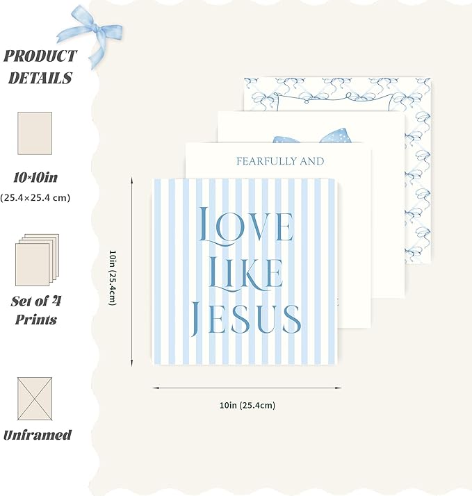 LARTSFRO Coquette Blue Bow Jesus Wall Art Decor Posters, Light Blue Bow Christian Room Bedroom Bathroom Wall Art Decor Aesthetic for Teen Girls Gifts, Inspirational Bible Verses Bow Wall Decor, 10x10 Inch Set of 4 Bow Pictures(UNFRAMED)
