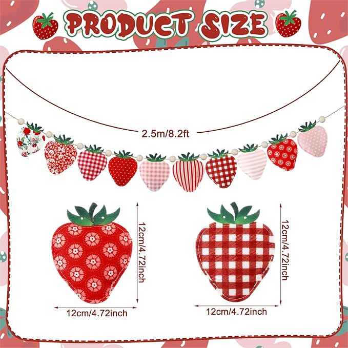 Strawberry Felt Banner Garland Decor Vintage 3D Strawberry Hanging Garland with Wooden Beads for Back to School Birthday Party Baby Shower DIY Home Wall Fireplace Decor(Bright)