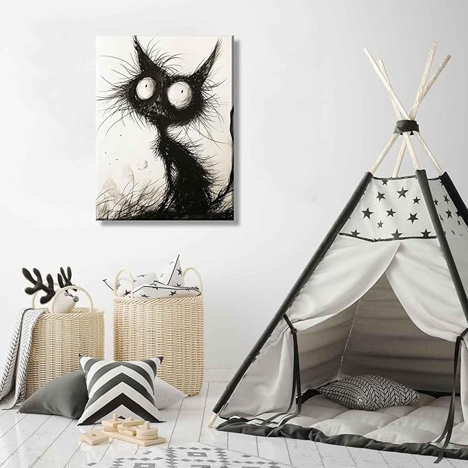 Funny Black Cat Canvas Wall Art Gothic Spooky Feline painting Decor Pictures Halloween Creepy Black And White Art Cat Posters Prints for Cafe Bar Living Room Restaurant Bedroom Decoration