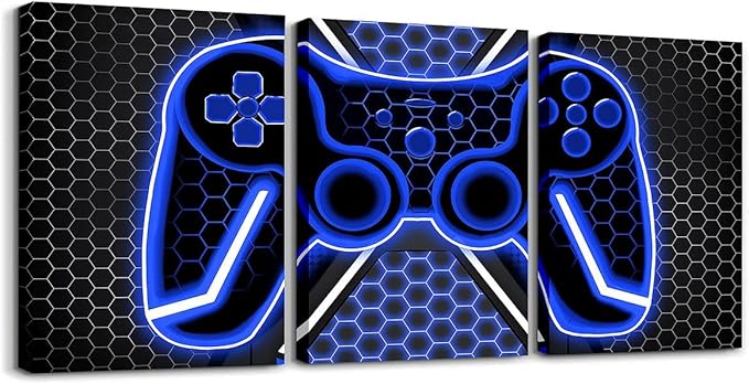 Feelyou Blue and Black Picture Wall Decor 12" x 16" 3 Piece Gamer Canvas Wall Art for Living Room Bedroom for Kids Game Controller Bathroom Wall Art Honeycomb Wall Painting
