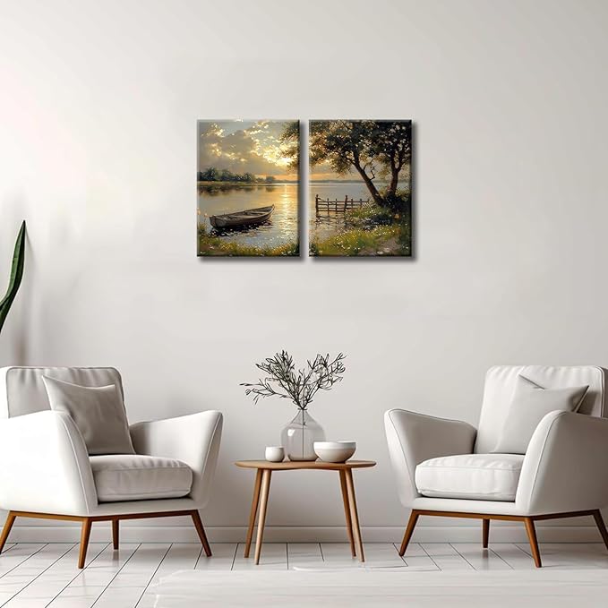 2Pcs Framed Fall Landscape Canvas Wall Art, Lake Boat Forest Art Prints, Autumn Scenery Nature Decor Pictures, Rustic Gold Paintings Wall Decor Living Room, Bedroom, Office 16x24in