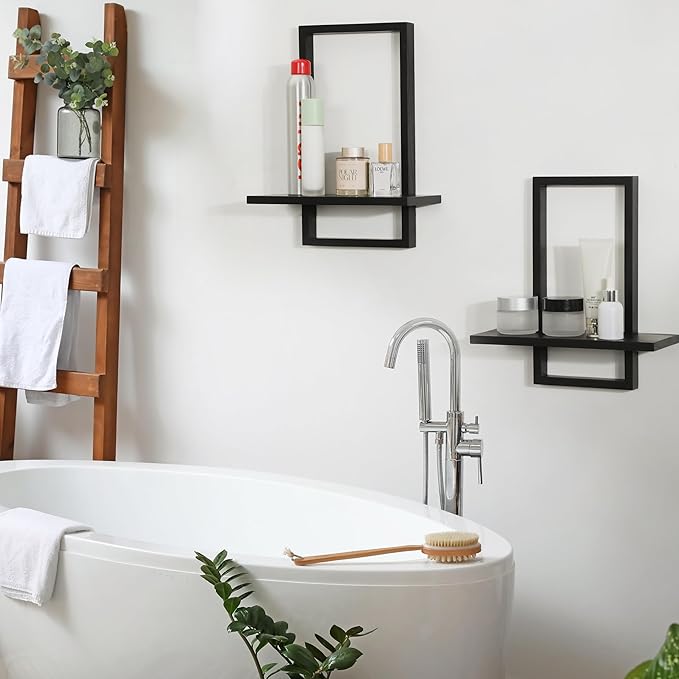 PHOENANCEE Square Floating Shelves,Wall Plants Holder,Bathroom Wall Decor,Framed Decorative Shelf Black,Modern Chic Set of 2 for Living Room Bedroom Home Office,Soild Wood,L+S