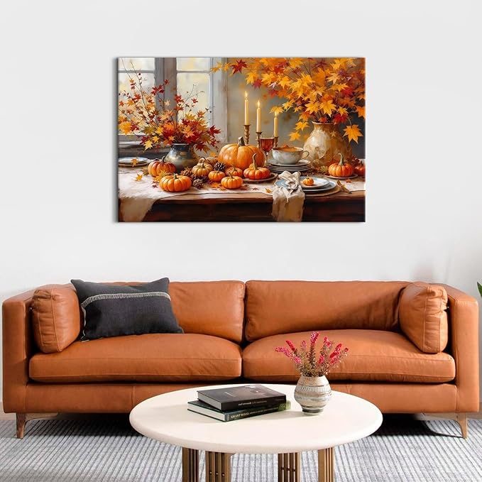 Rustic Pumpkin Wall Art Fall Themed Maple Leaves Wall Decor Farmhouse Autumn Painting Vintage Farm Fall Harvest Canvas Prints Still Life Pictures Artwork for Kitchen Dining Room Home Decoration 32x48"