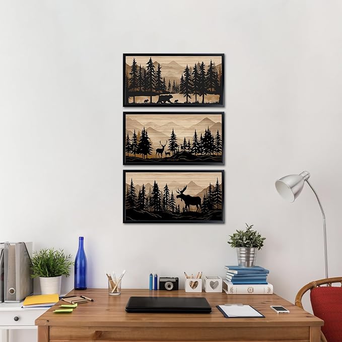 WELMECO Cabin Decor Bear Moose Deer Wall Art Rustic Home Decor Woodland Farmhouse Living Room Bedroom Bathroom Decor Forest Animal Picture, Black Framed 8x16inchx3 Pieces,Brown