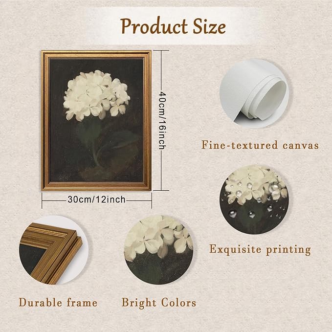 Aroutde Gold Framed White Hydrangea Wall Art, Vintage Flower Printing Canvas Wall Decor, Retro Botanical Moody Flowers Art Decor for Living Room Bedroom Shelf Decoration(16L''x12W'', Framed)