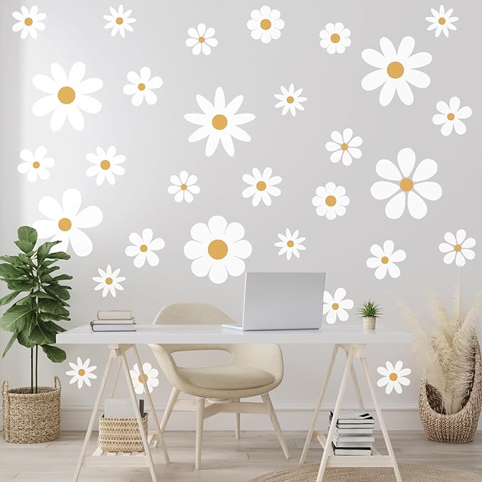 TaoBary 12 Sheet Daisy Wall Sticker Decal Removable Cute Daisy Bedroom Room Decor Flower Wall Sticker Pink White Flower Decal Wallpaper Peel and Stick for Nursery Home(White, Yellow,Classic Style)