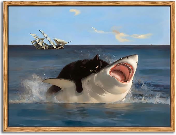 Floating Framed Black Cat Wall Art, Funny Quirky Cat and Shark Pictures Canvas Print, Abstract Black Cat Shark Posters Wall Decor for Room Bedroom Living Room Bathroom Aesthetic 8x10 inch