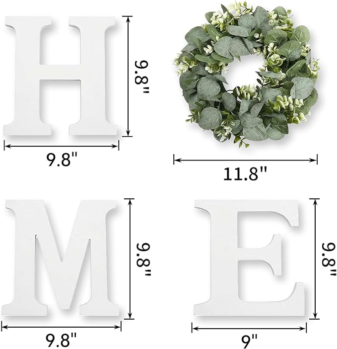 Wood Home Sign with Artificial Eucalyptus Wreath for O, Hanging Farmhouse Wall House Decor Wood Letters for Wall Art Rustic Home Decor, Wall Decor for Living Room Kitchen Entryway (White)