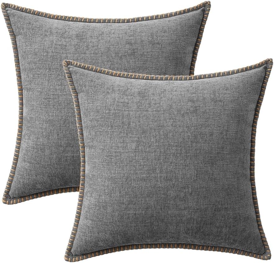 MIULEE Pack of 2 Couch Throw Pillow Covers 16x16 Inch Dark Gray Farmhouse Decorative Pillow Covers with Stitched Edge Soft Chenille Solid Dyed Spring Pillow Covers for Sofa Bed Living Room
