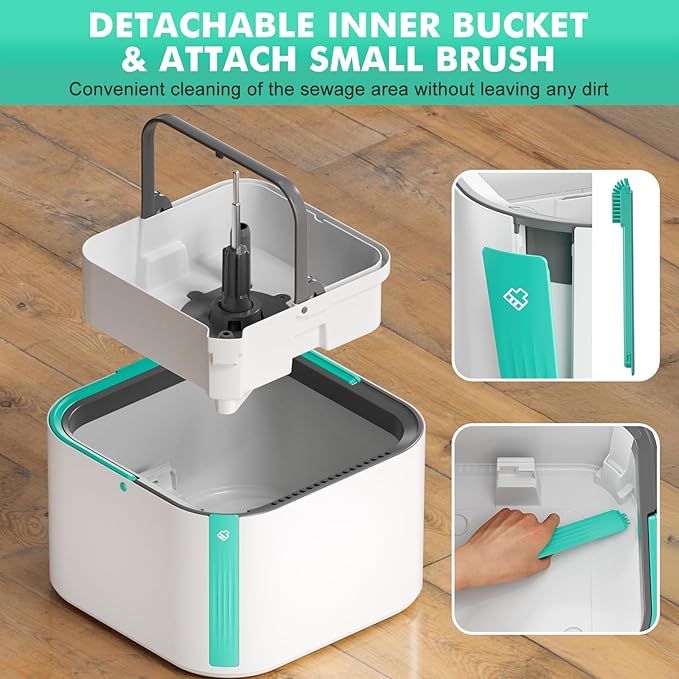 Upgraded Spin Mop and Bucket System Set, Self Separate Clean and Dirty Water, Foldable Square Standing Mop Head with Microfiber Mop Pads, Detachable Bucket (White+Blue, Mop Set with 2PC Pads)