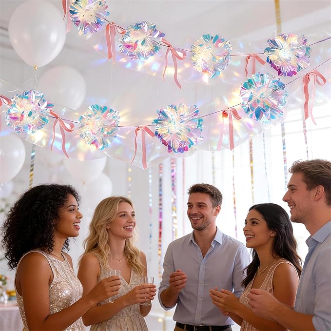 Iridescent Party Decorations, Iridescent Pompom Garland with Pink Bow Banner 2 Piece, Shimmering Mantel Garland for Birthdays, Weedings, Girls Party Decorations