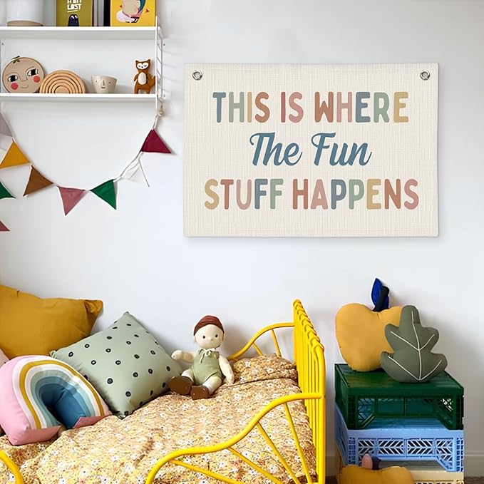 Playroom Decor, Kids Playtime Wall Decor, This is Where All The Fun Stuff Happens Banner Wall Hanging Flag Decor for Toddler Boys Girls Room Nursery 20x30