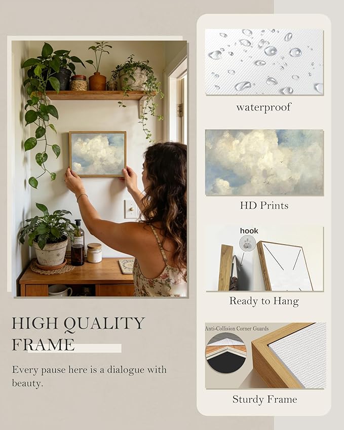 SHENIFY Vintage Landscape Framed Wall Art Sky Cloud Nature Farmhouse Decor Retro Classical Painting for Kitchen Living Room Bedroom Bathroom - 8x10in Natural Framed