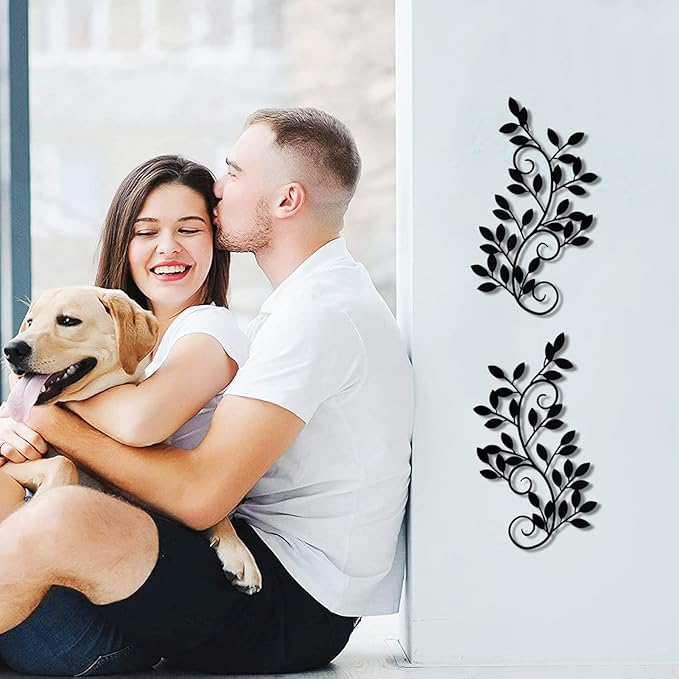 ESTART 2 Pieces Metal Tree Leaf Wall Decor Vine Olive Branch Leaf Wall Art Wrought Iron Scroll Sculptures for Above the Bed, Living Room, Bathroom, Hallway, Office, Outdoor Decoration (Black)