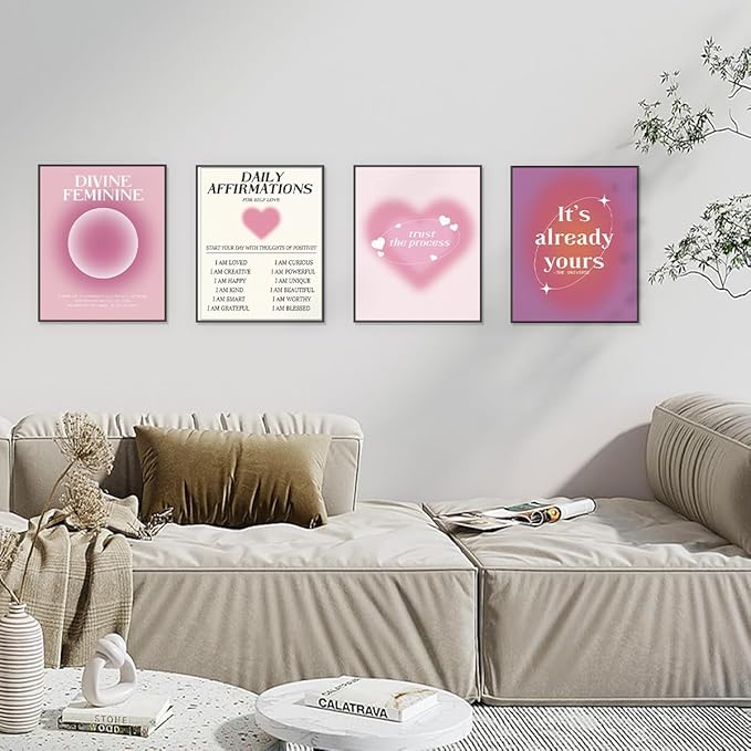 PLKMN Daily Affirmations Poster Set of 4, Y2K Pink Aura Energy Prints, Motivational Wall Decor for Girls Bedroom, Dorm Art, 8x10 Inch, Unframed