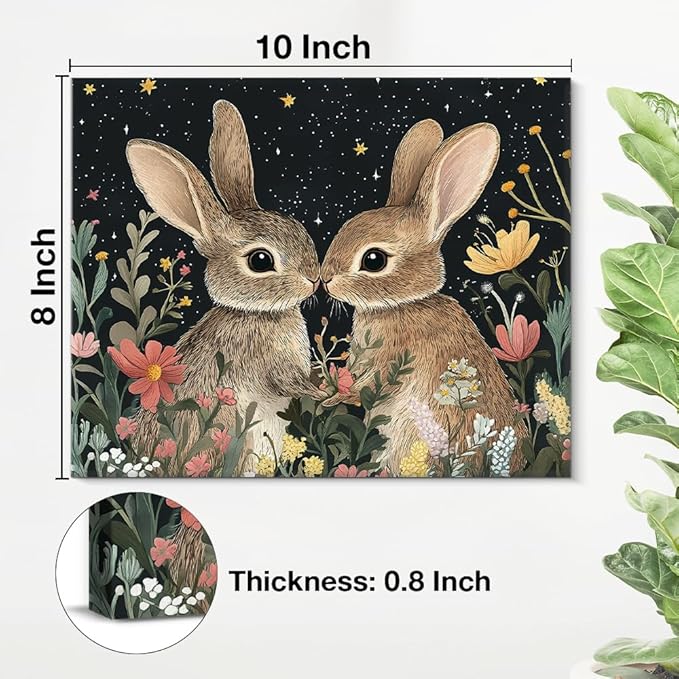 Aesthetic Rabbits Wall Art Decor Dark Witchy Rabbit Moon Celestial Canvas Print Poster Floral Framed Painting for Home Living Bedroom Decor 8x10 Inch