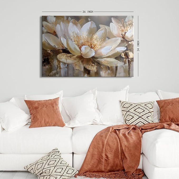 White and Gold Lotus Wall Art Floral Paintings Picture Wall Decor Abstract Zen Flowers Canvas Prints Spiritual Meditation Paintings Posters Minimalist Artwork Yoga Spa Bedroom Home Decoration 24x36"
