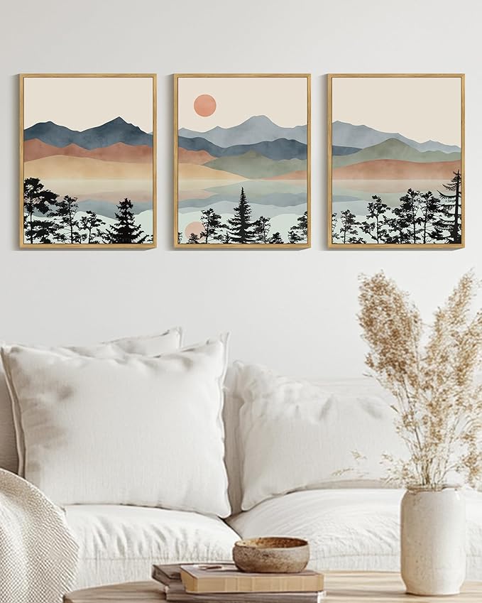 Drsoum Mountain Range Landscape Wall Art Framed Ink Wash Watercolor Nature Wall Decor Laker Sun Rises Prints Bedroom Living Room Ready to Hang 11x14in Natural Framed