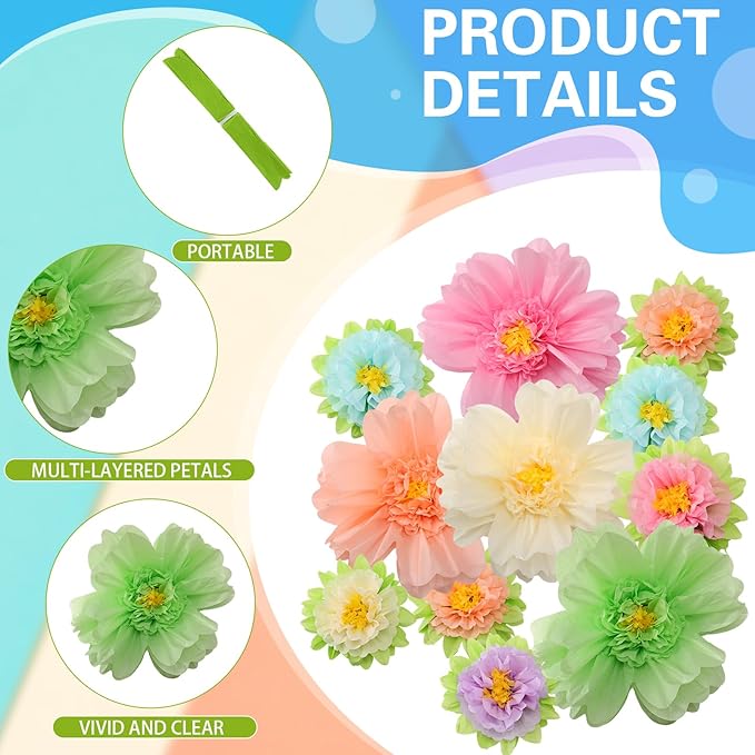TaoBary Large Colorful Tissue Paper Flowers Giant Fiesta Paper Pom Poms Mexican Birthday Decorations for Wall Wedding Backdrop Centerpiece Party Supplies(20" and 10",Pastel Color,12 Pcs)