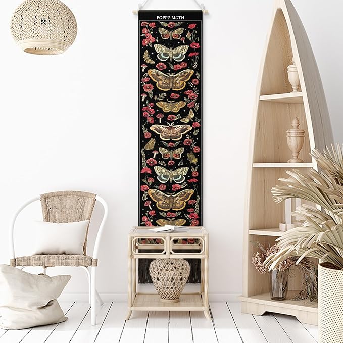 Tegeme Vintage Tapestry 52 x 13 Inch, Long Vertical Wall Hanging Reference Illustrative Botanical Insect Tassel Tapestry for Bedroom Living Room Home Decoration (Poppy Moth)