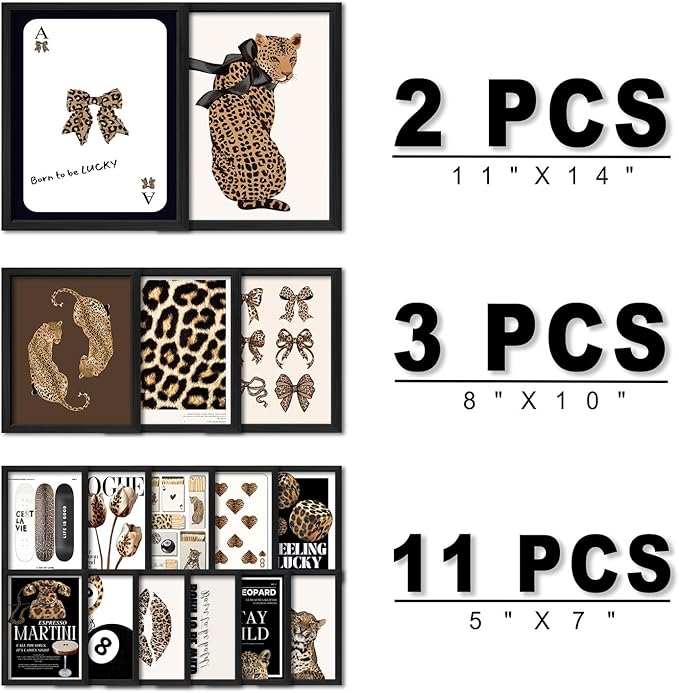ANERZA 16 PCS Framed Leopard Wall Art Decor, Cheetah Wall Prints for Bedroom, Preppy Gallery Wall Frame Set, Trendy Posters for Living Room Aesthetic, Funky Collage Kit, Dorm Artwork