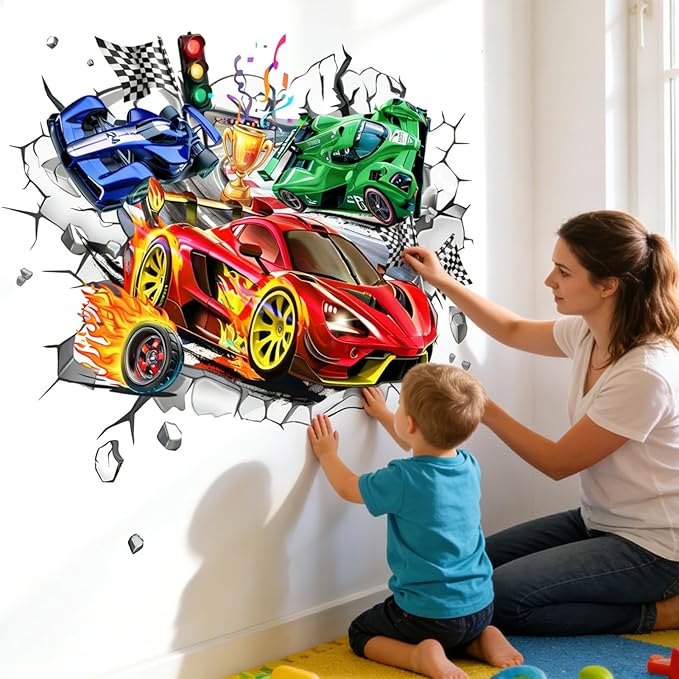 Car Wall Decals for Boys Kids: Peel and Stick Vehicle Wall Stickers for Boys Room Kids Bedroom Playroom Vinyl Decor Race Cars Theme