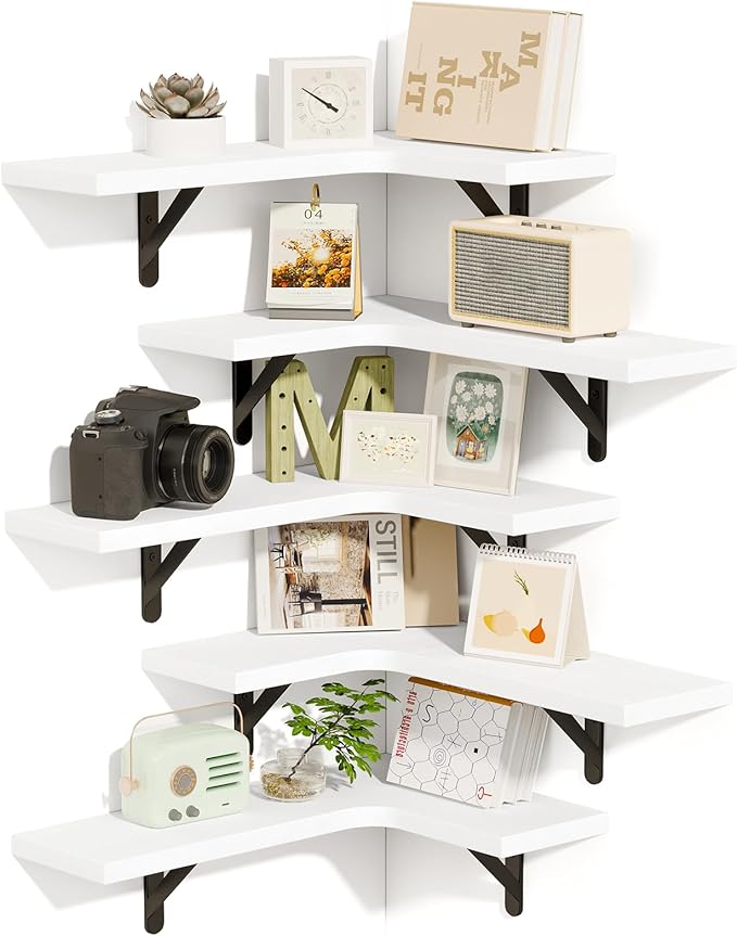 Fixwal Floating Shelves for Wall, Rustic Wood Wall Mounted Corner Shelf for Bathroom, Kitchen, Bedroom, Home Decor, Laundry Room, Living Room, Set of 5 (White)