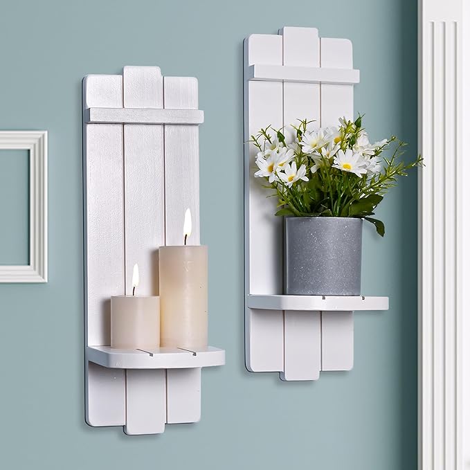 Sconces Set of 2, Large Candle Holder Rustic Farmhouse Decor, Home Art Floating Sconce Shelf White Wall Decoration for Living Room, Dining Room, Bedroom, Bathroom