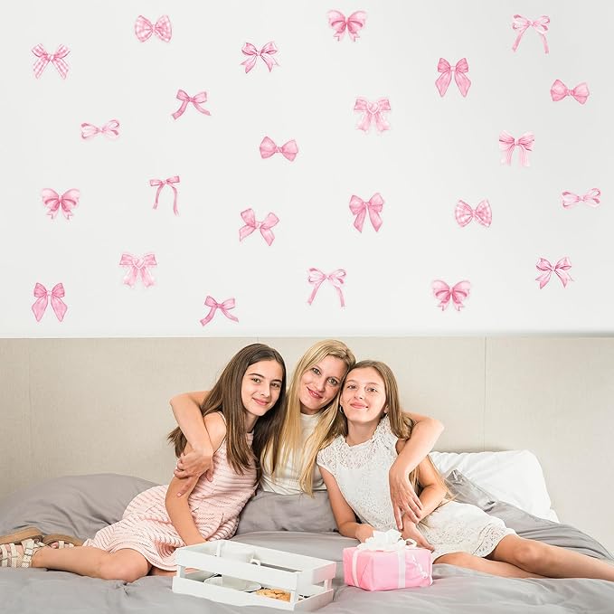 A1diee Bowtie Decal Pink Bow Wall Stickers - 60Pcs Watercolor Coquette Aesthetic Wall Stickers Light Pink Bow Knot Wall Art Decor Vinyl Peel and Stick Room Decor for Kindergarten Nursery Bedroom
