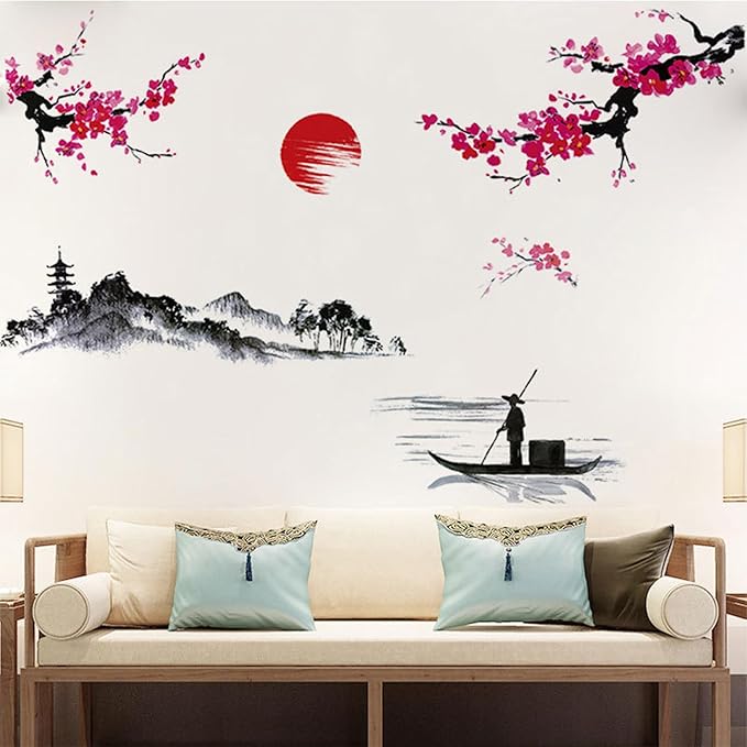 Large Japanese Wall Decor Stickers, BWCXXZH Red Cherry Blossom Tree Wall Murals Mountain River Fisherman Peel and Stick 3D Art Stickers for Girls Bedroom Nursery Living Room TV Home Decor