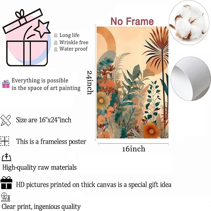 LYPHNX Boho Burnt Orange Botanical Floral Canvas Wall Art Abstract Terracotta Jungle Poster Pictures Set of 3 Flower Prints Painting Home Decor for Bathroom Bedroom Living Room 16"x24" Unframed