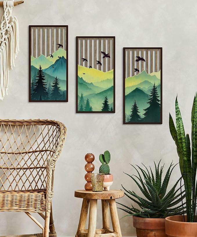 Putuo Decor Forest Mountain Wall Art Set of 3, Nature-Inspired MDF Cut-Out Panels with Bird and Tree Silhouettes, Rustic Wall Decor for Living Room Bedroom Cabin Office