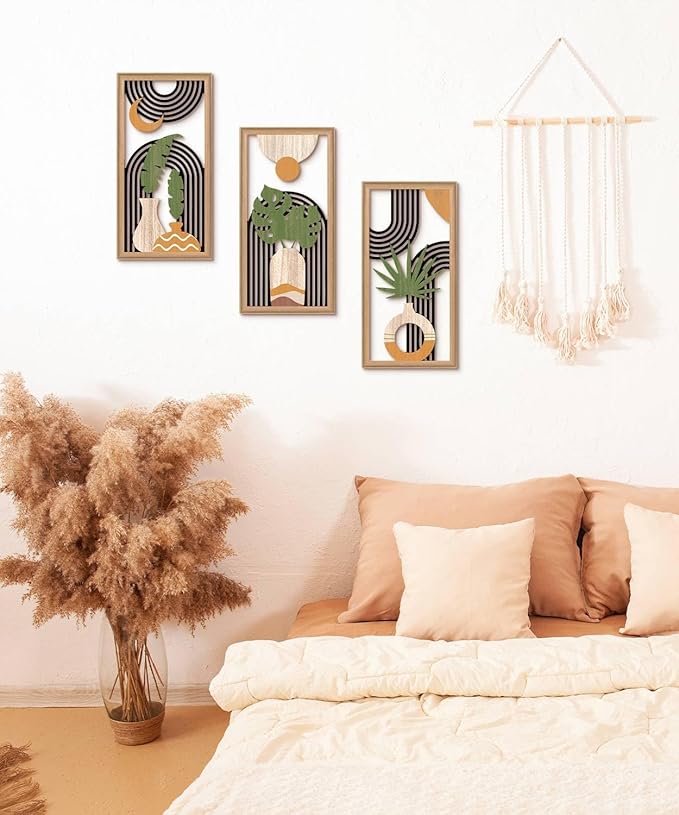 Putuo Decor Boho Abstract Wall Art Set of 3, Modern Minimalist Wooden Wall Decor, Geometric Aesthetic Botanical Artwork, Mid-Century Modern Design for Living Room, Bedroom, Office, Black 16.5 x 8.6