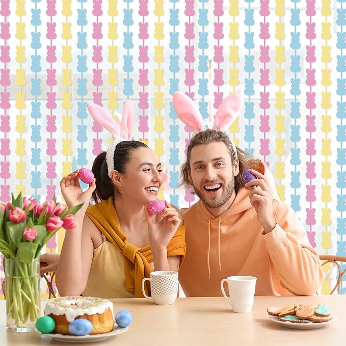 Easter Decorations Foil Fringe Curtains: 2 Pack 3.3 X 6.6 ft Pink Yellow Blue Bunny Rabbit Tinsel Backdrop Photo Booth Prop Streamers for Wedding Anniversary Birthday Easter Party Decor