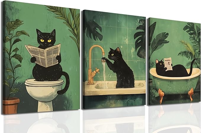 Funny Bathroom Black Cat Wall Art Set of 3, Whimsical Animal Bathroom Wall Decor Painting Maximalist Quirky Dark Pet Cat Toilet Canvas Poster Prints Aesthetics, Framed 12x16 inch