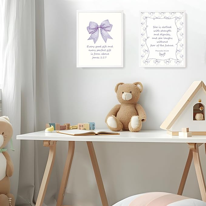 LARTSFRO Coquette Purple Bow Jesus Wall Art Decor Posters, Purple Bow Christian Room Bedroom Bathroom Dorm Wall Art Decor Aesthetic for Teen Girls Gifts, Inspirational Bible Verses Bow Wall Decor, 10x8 Inch Set of 4 Bow Pictures (UNFRAMED)