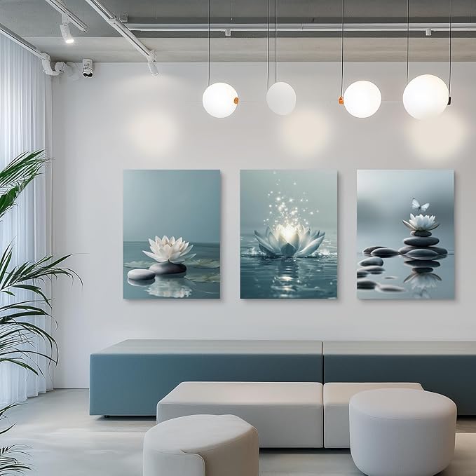 GELDSTEI Calm Zen Botanical Canvas Wall Art, White Lotus Blooming on Stones in Water Aesthetic Pictures, Yoga Spa Meditation Room Decor, Modern Spiritual Poster Prints for Zen Office Framed Set of 3, Each 16x24 Inch